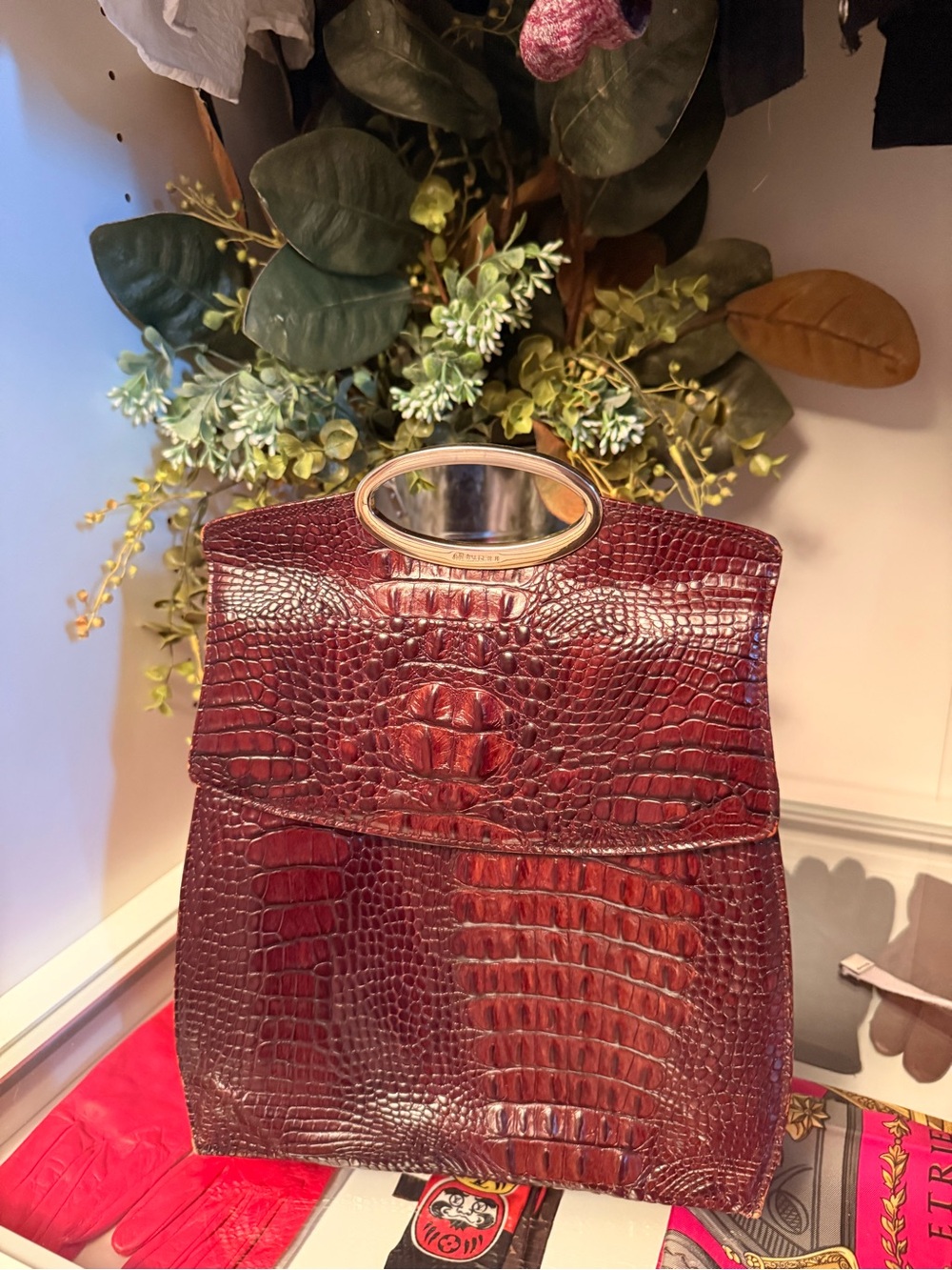 Croc-Embossed Burgundy Structured Satchel